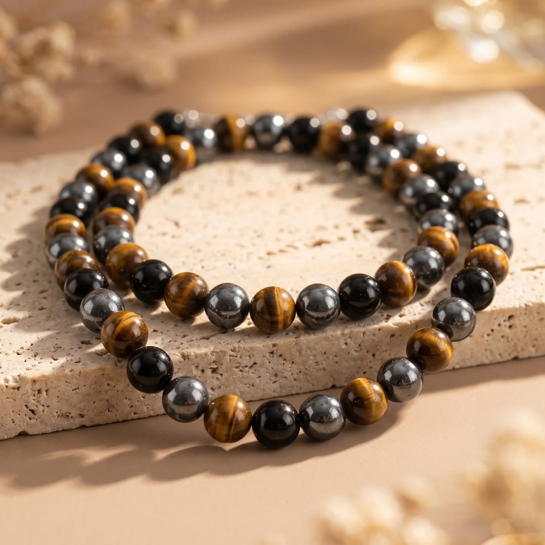 Triple Protection Necklace with Tiger's Eye, Obsidian, and Hematite beads - KARMAKIND