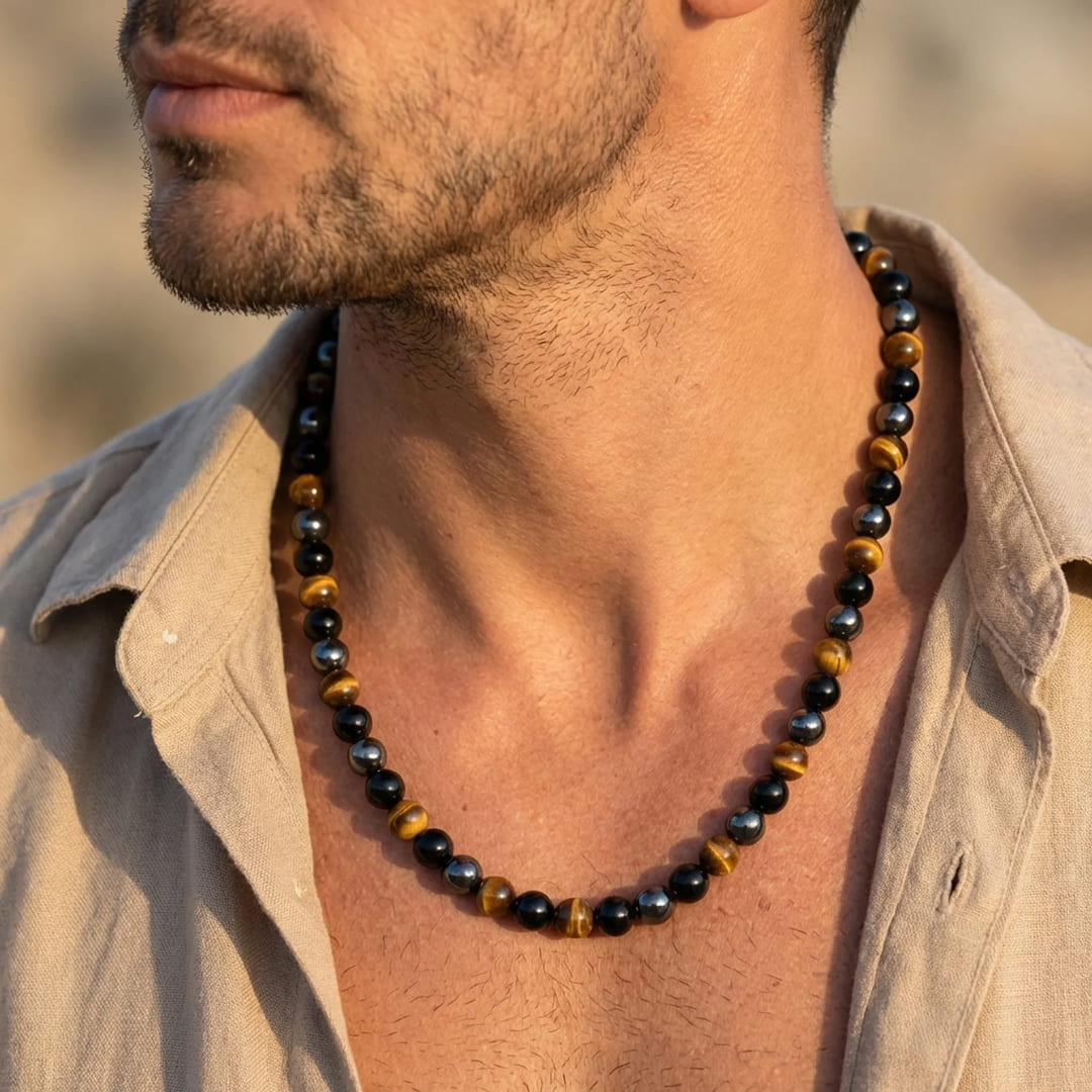Close-up of Tiger's Eye gemstone bead on the necklace - KARMAKIND
