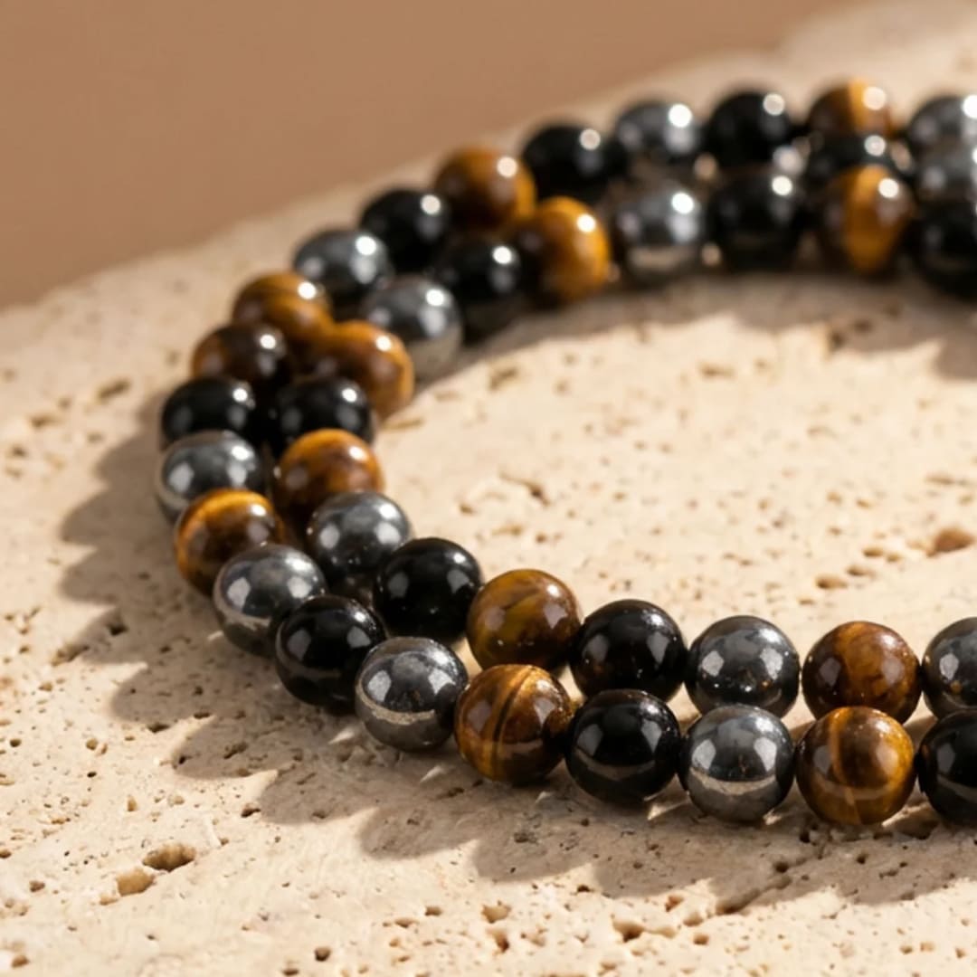 Close-up of Hematite gemstone bead on the necklace - KARMAKIND