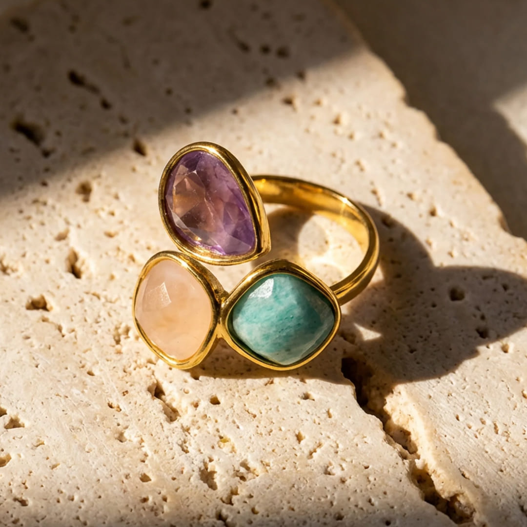 Soft Dawn Ring with Amazonite, Rose Quartz & Amethyst - KARMAKIND