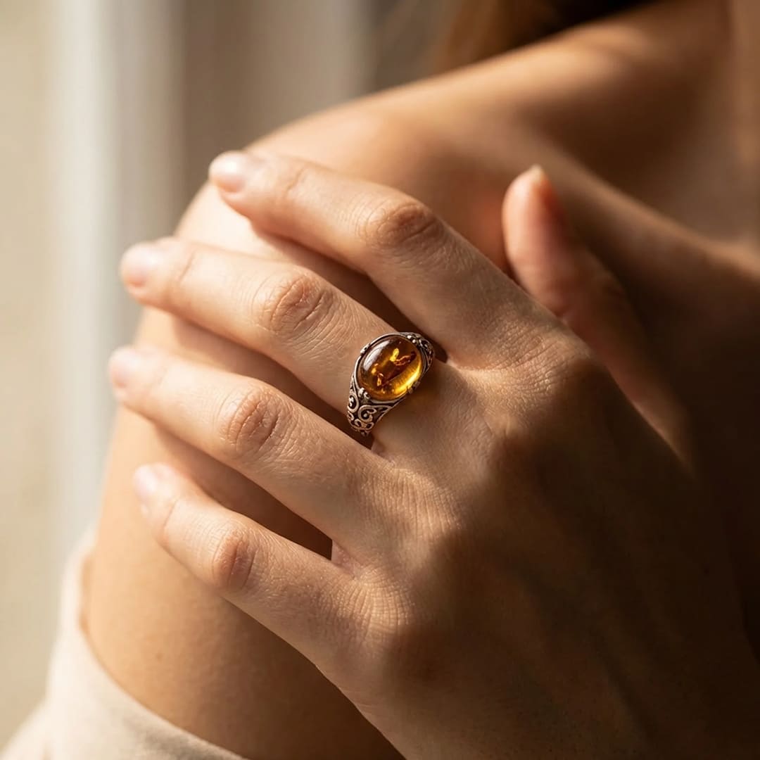 Close-up of the amber stone in the adjustable ring - KARMAKIND