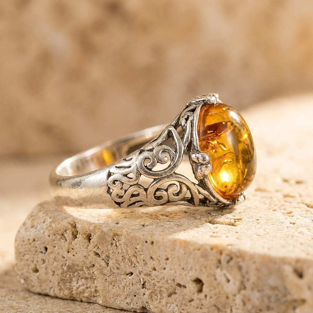 Detail of the ring's delicate volute setting - KARMAKIND
