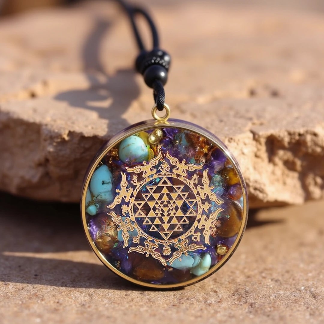Sri Yantra Orgonite Pendant with Turquoise and Tiger's Eye - KARMAKIND