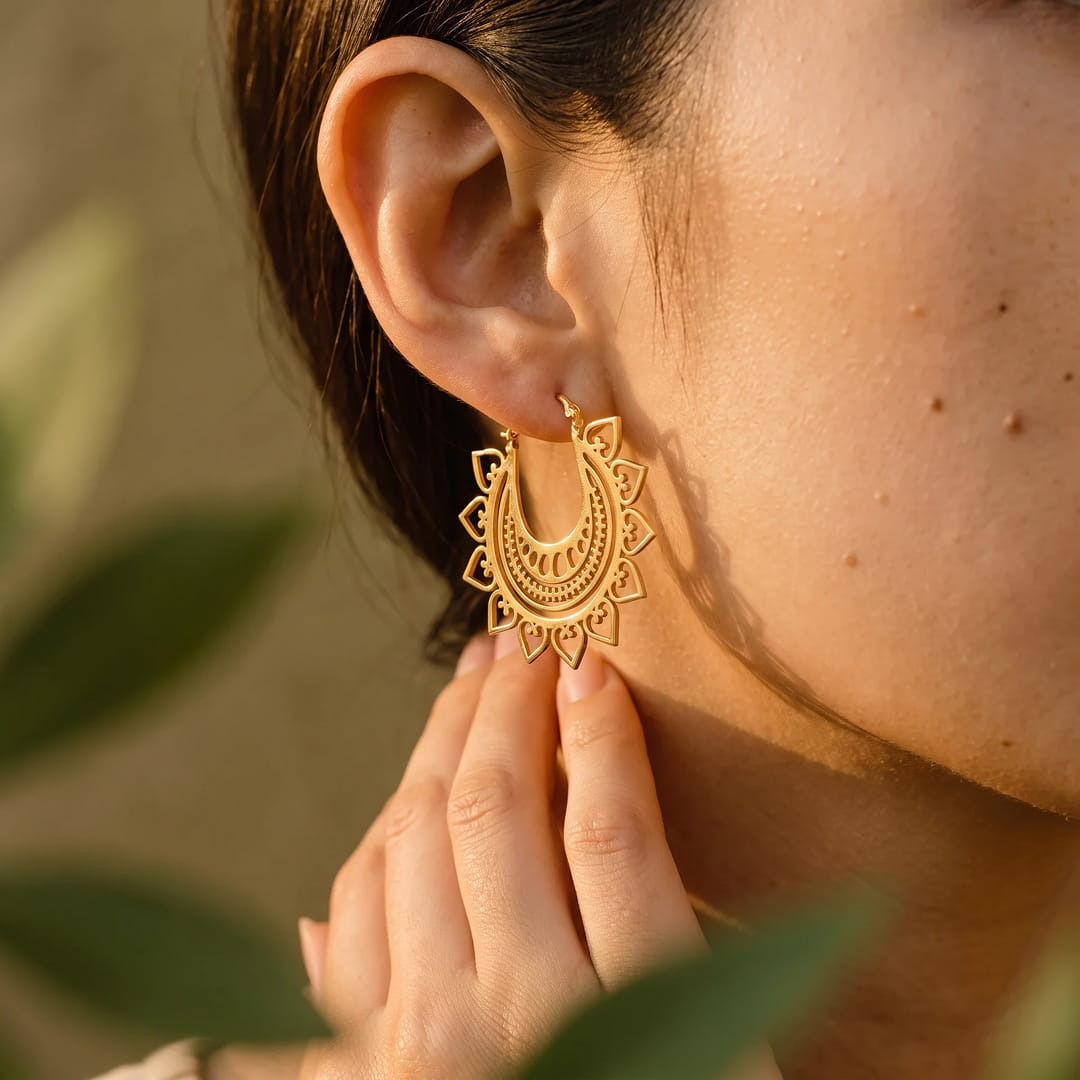 Close-up of Sundari lace heart earrings - KARMAKIND