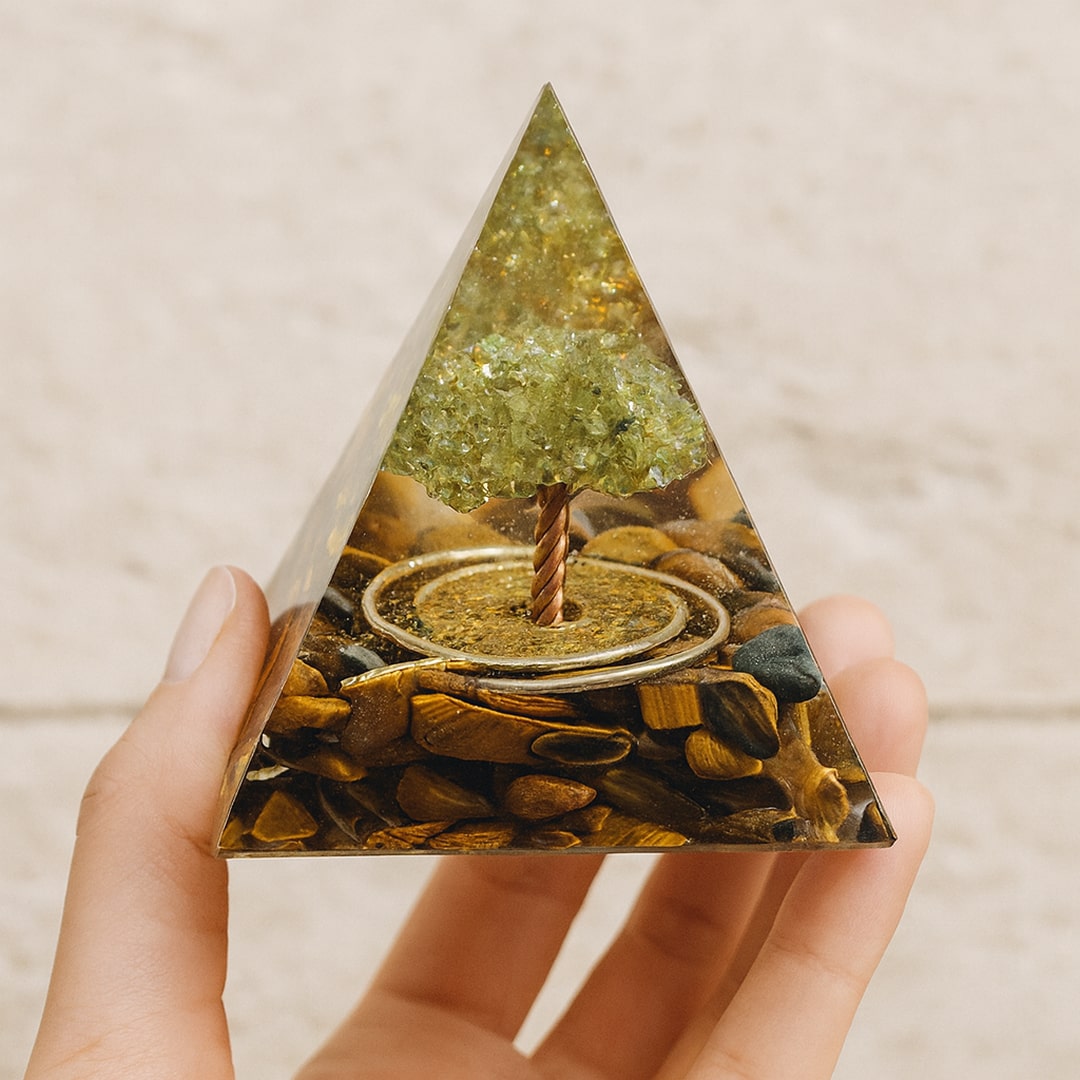 Close-up of Tiger's Eye stones in the orgonite