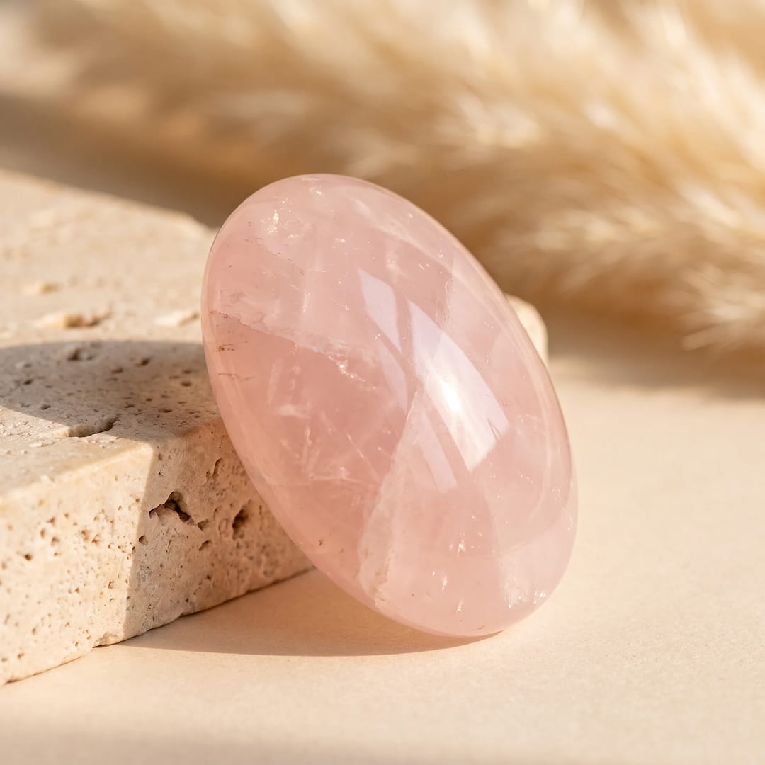 Close-up of the smooth texture of the rose quartz pebble