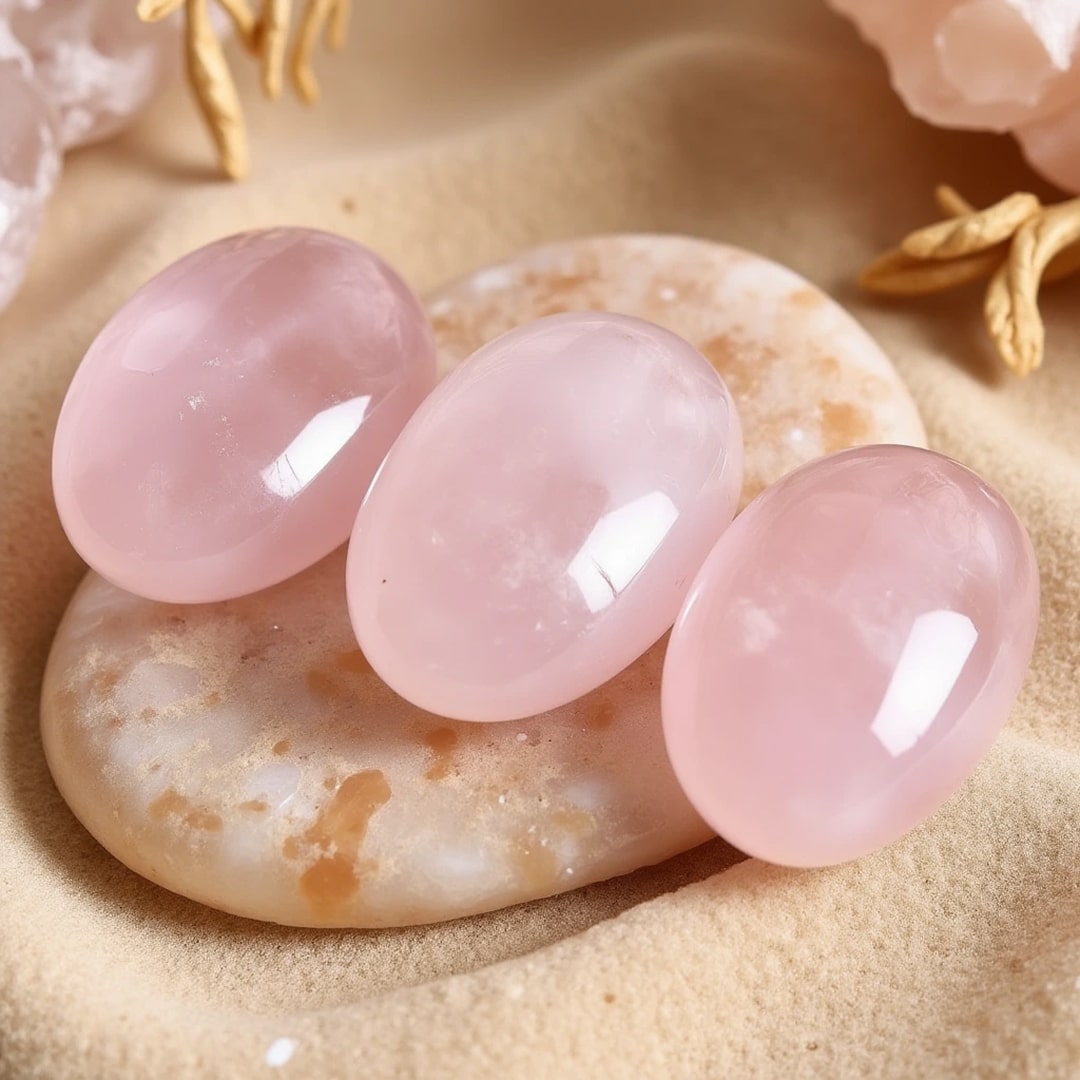 Rose quartz pebble held gently in a hand