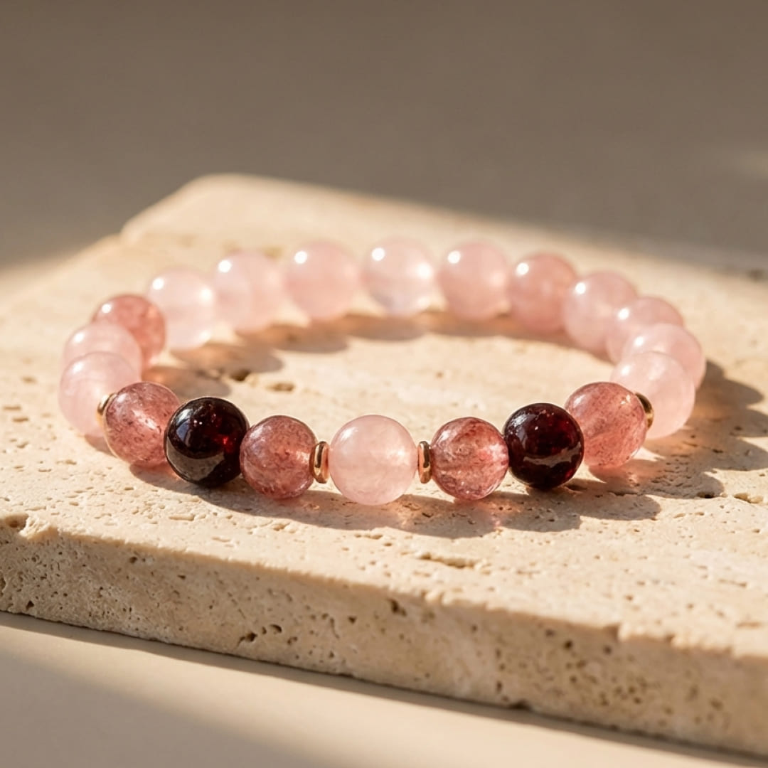 Handmade "Infinite Love" bracelet with rose quartz, garnet, and strawberry quartz beads - KARMAKIND