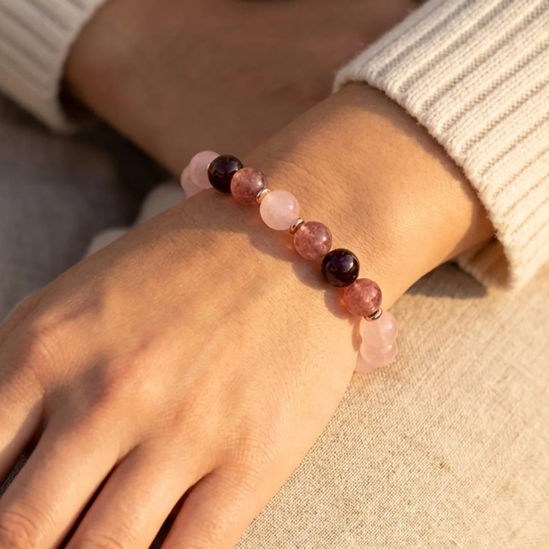 Close-up of the rose quartz and garnet beads on the "Infinite Love" bracelet - KARMAKIND