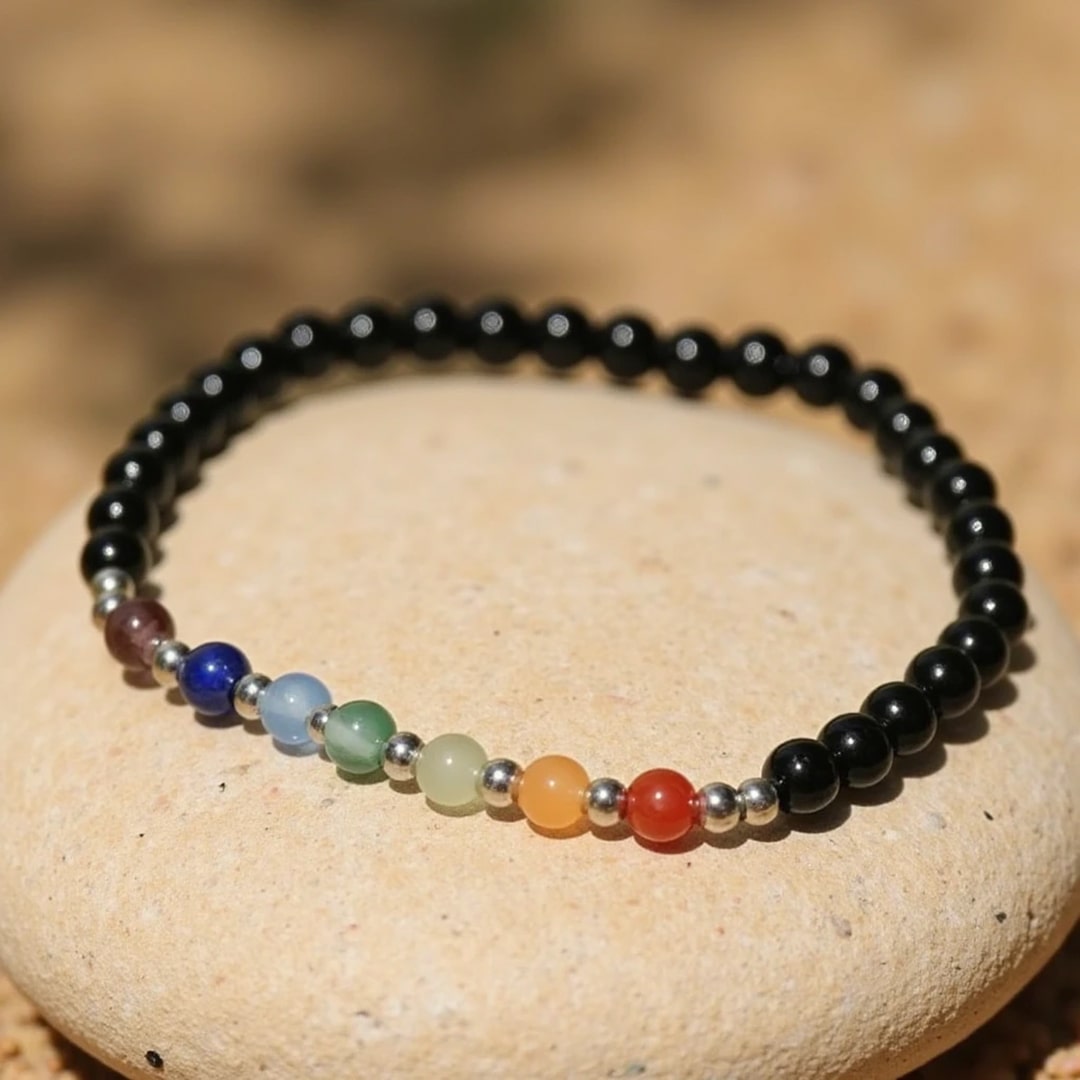 The thin 'Chakras' bracelet worn on a wrist
