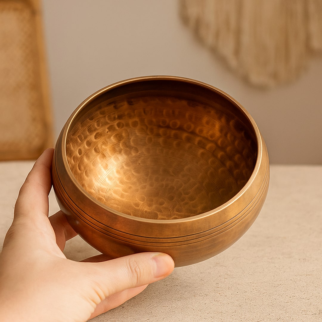 Close-up of the hammered texture and engraving on the singing bowl - KARMAKIND
