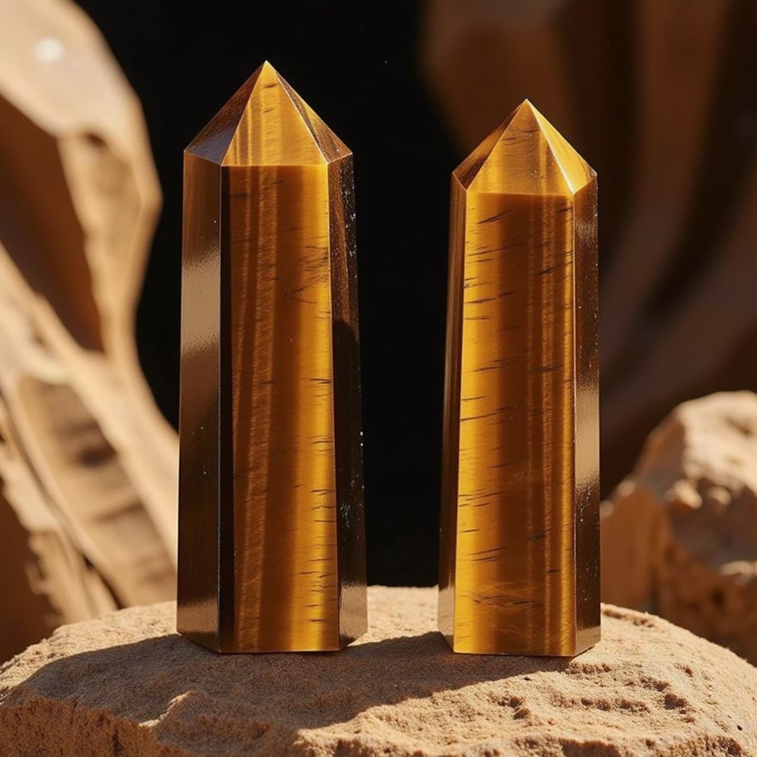 Close-up of the natural lines and reflections in a Tiger's Eye point - KARMAKIND