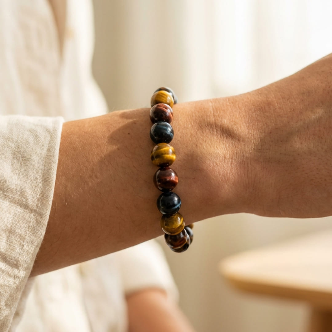 Close-up of the bracelet showing the blend of golden, red, and blue stones - KARMAKIND