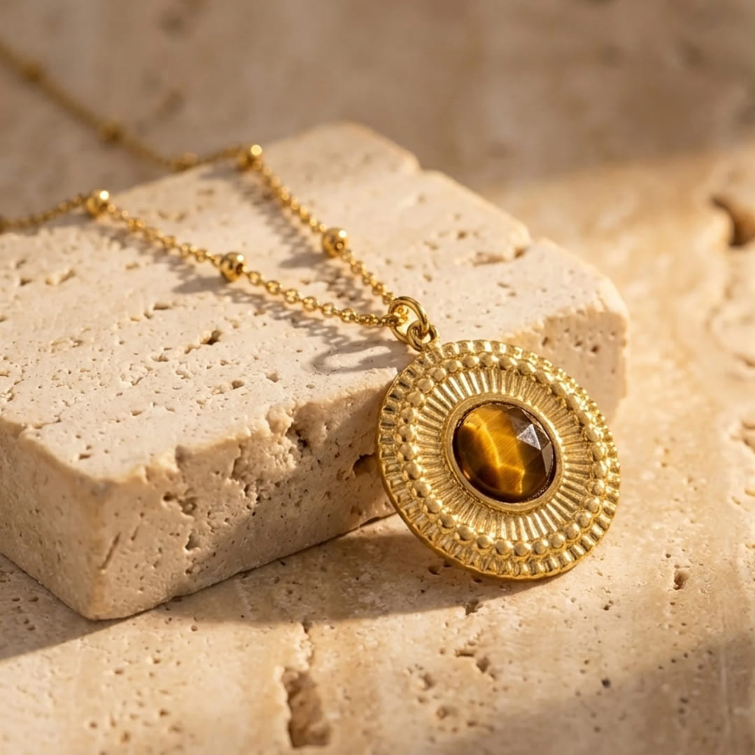 Close-up of the tiger's eye stone in the pendant