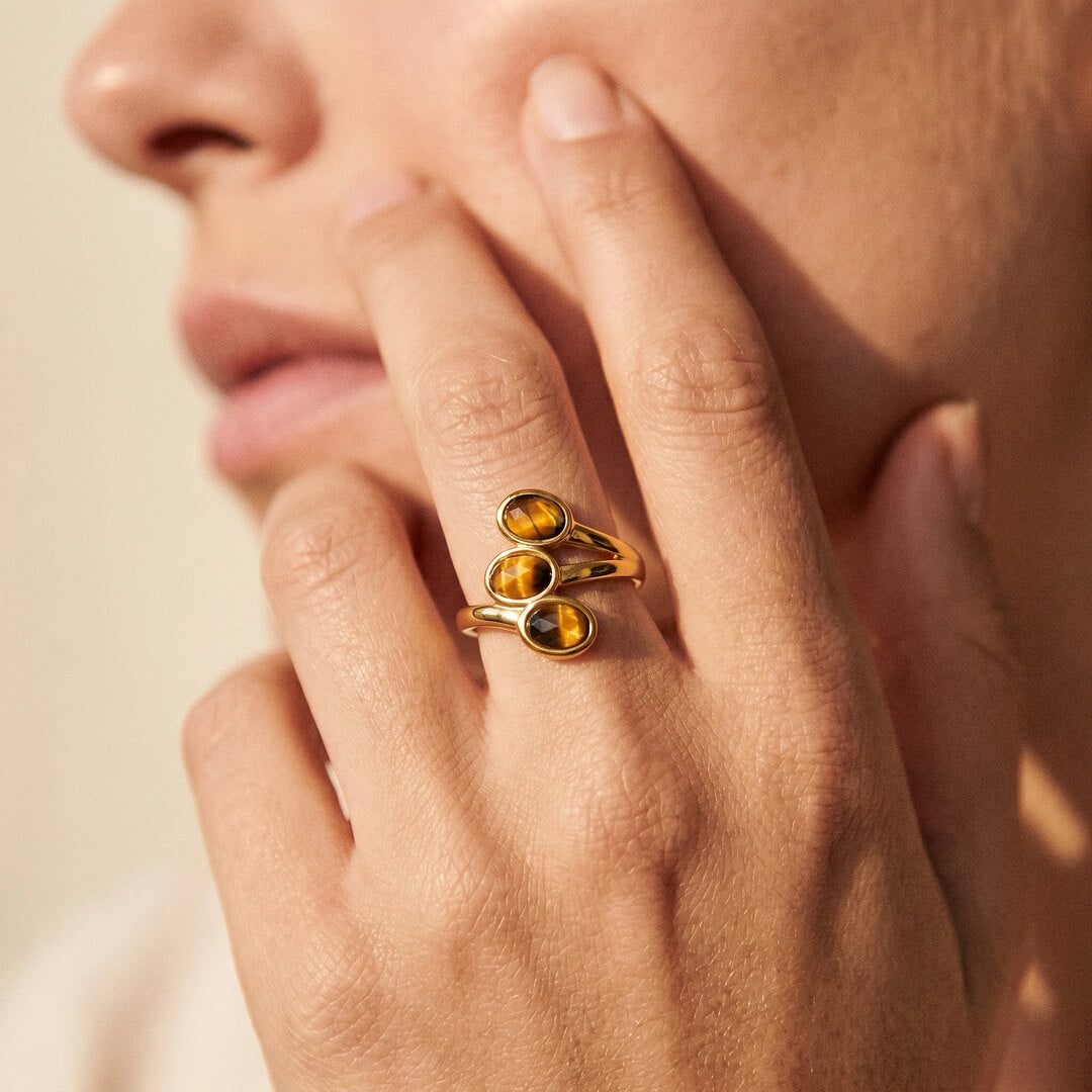 Close-up of the Tiger's Eye stone on the Triple Light Ring - KARMAKIND
