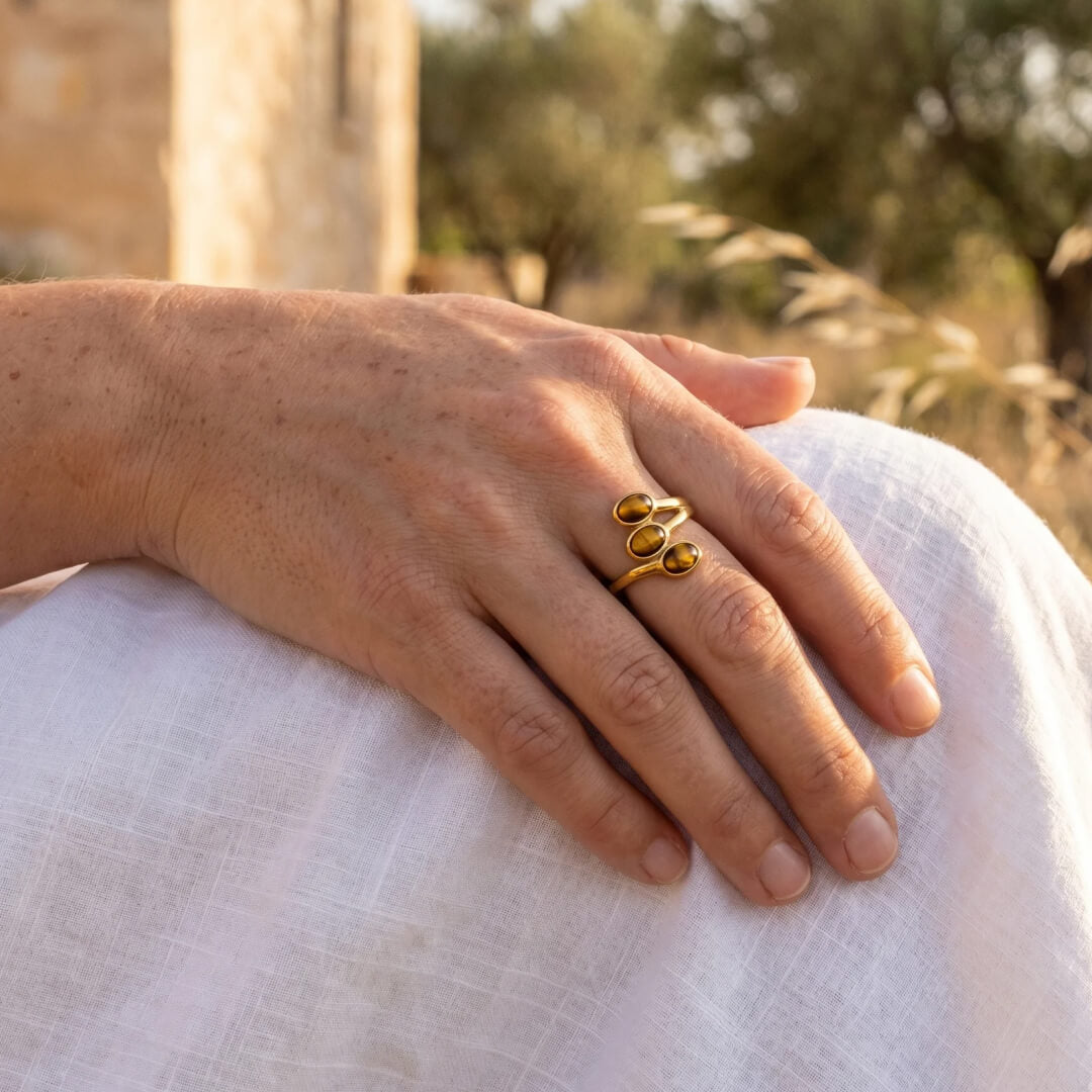 Hand wearing the Triple Light Tiger's Eye Ring - KARMAKIND