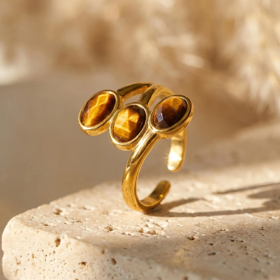 Different angle of the "Triple Light" Tiger's Eye Ring - KARMAKIND