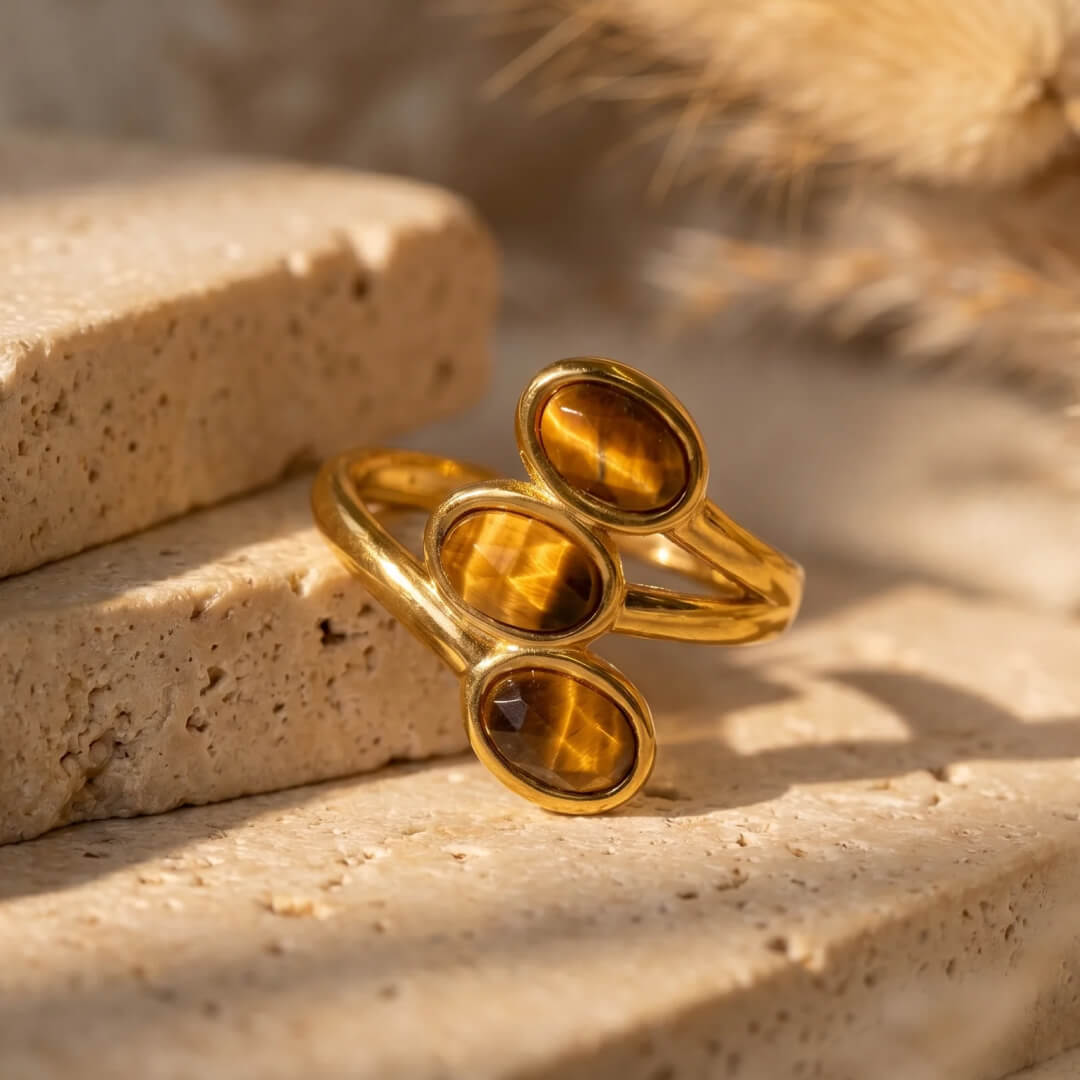 The warm glow of the Tiger's Eye stone in the Triple Light Ring - KARMAKIND