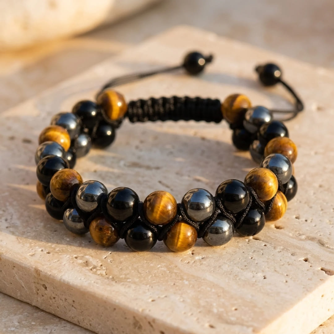 Triple protection bracelet with hematite, tiger's eye, and obsidian beads