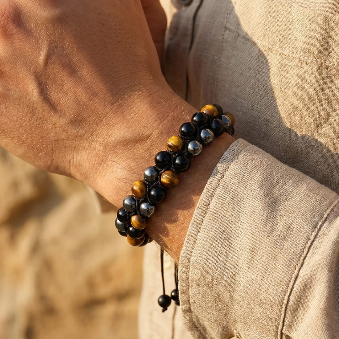 Close-up of the black obsidian beads on the bracelet