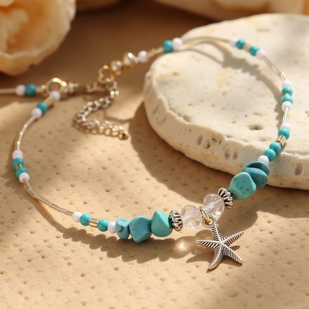 Turquoise starfish anklet with silver detail - KARMAKIND