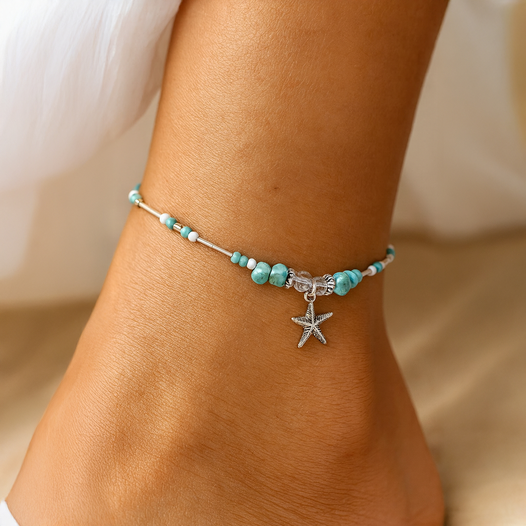 Close-up of the turquoise stone on the anklet - KARMAKIND