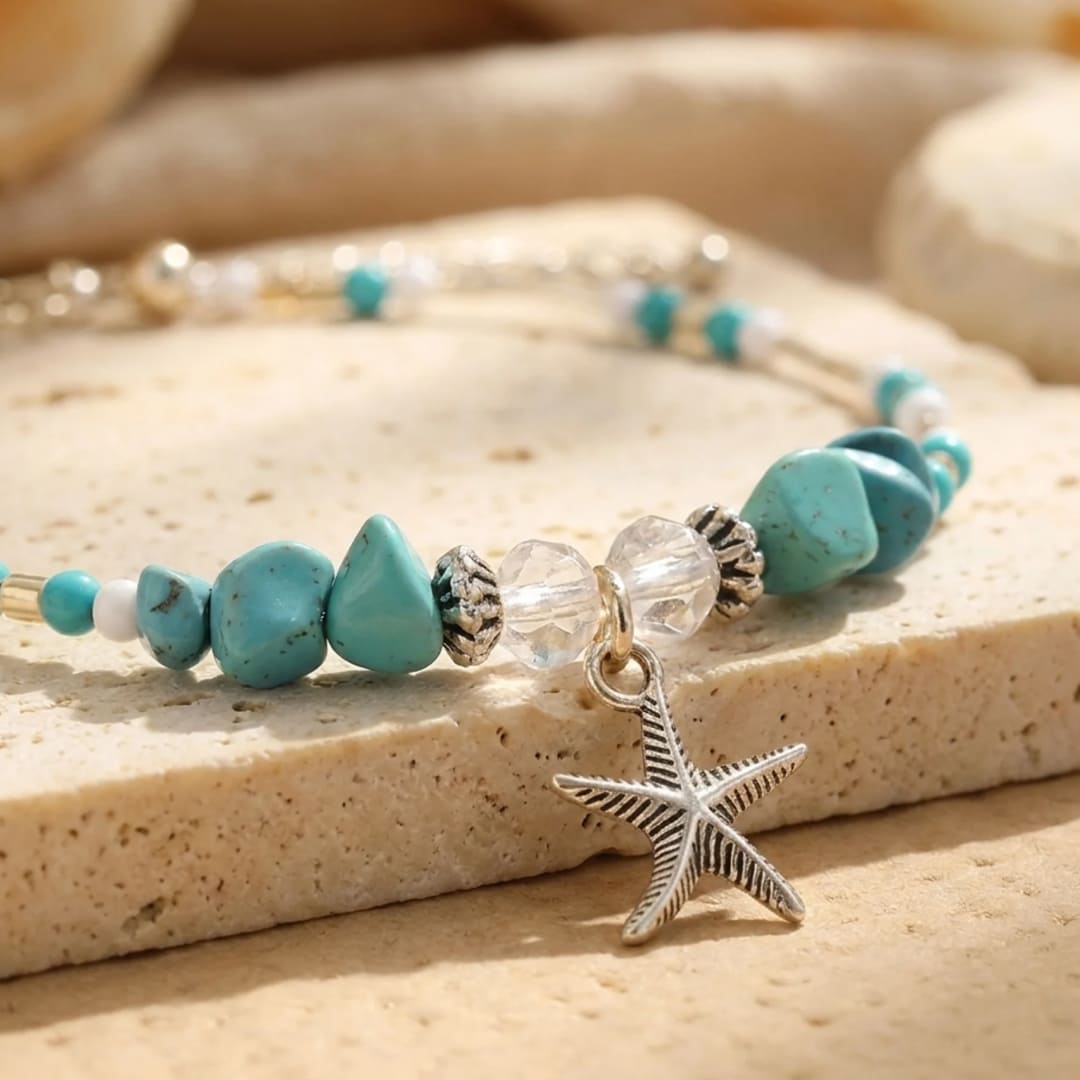 Silver starfish charm on the turquoise anklet - KARMAKIND