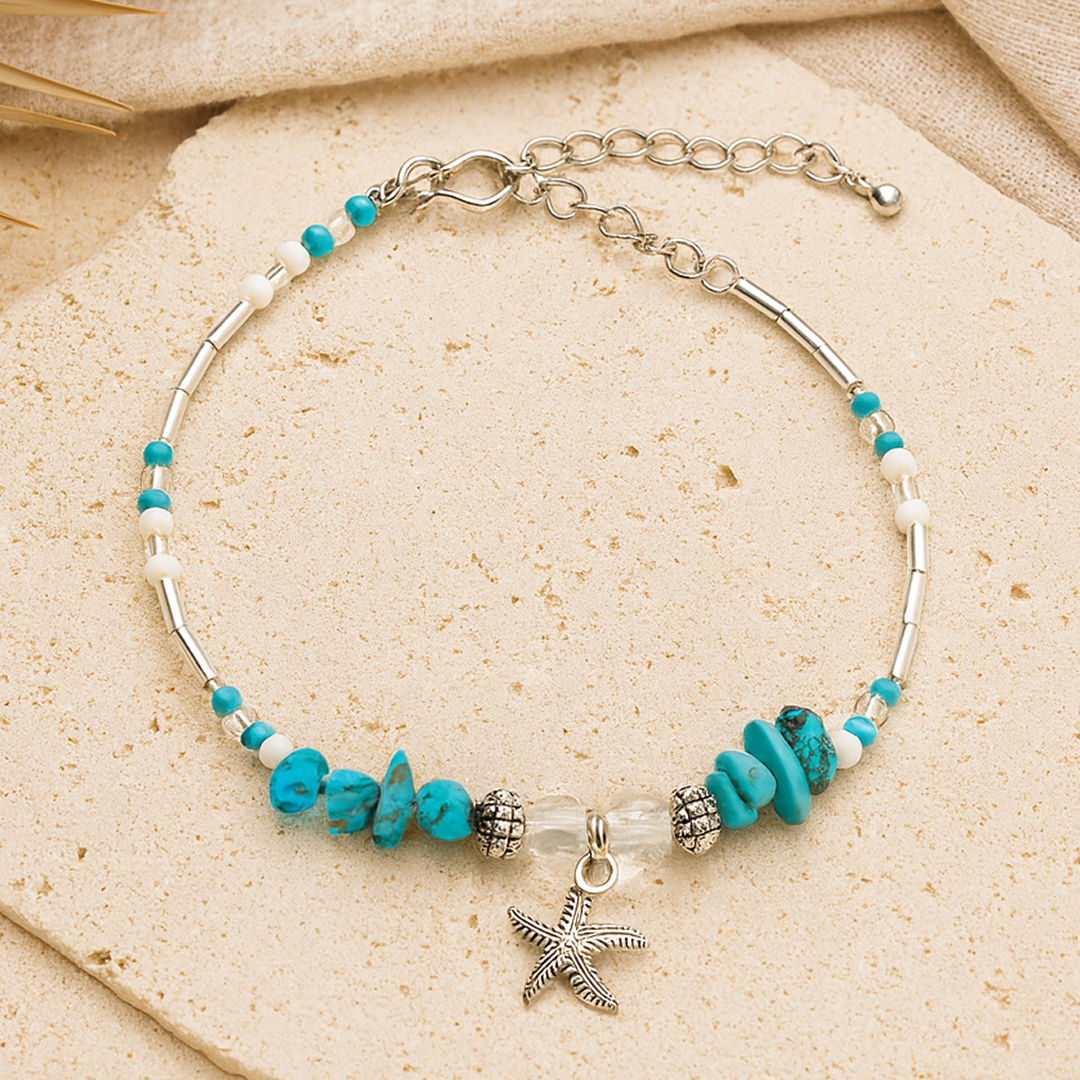 Full view of the turquoise starfish anklet - KARMAKIND