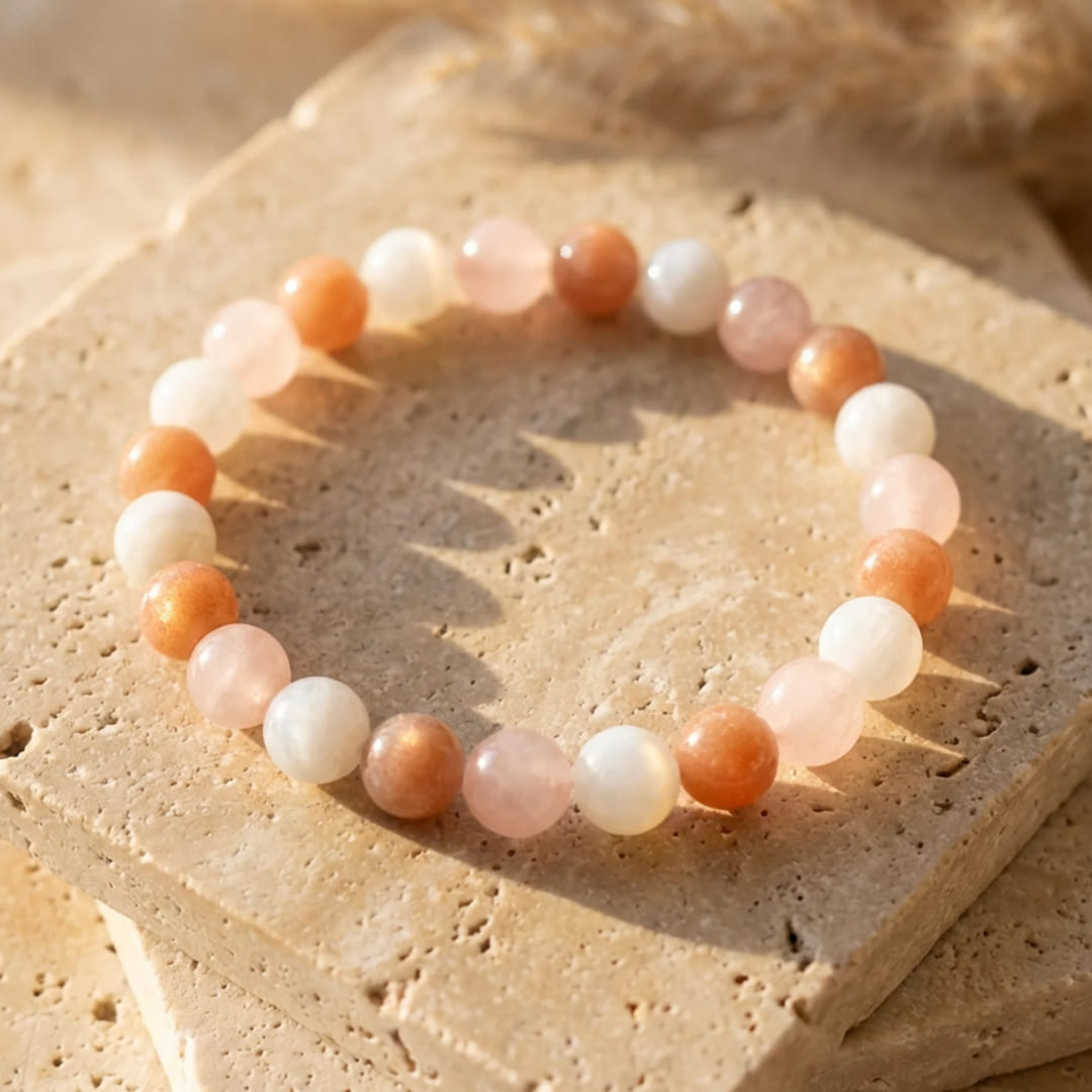 Venus bracelet with sunstone, rose quartz, and moonstone beads - KARMAKIND