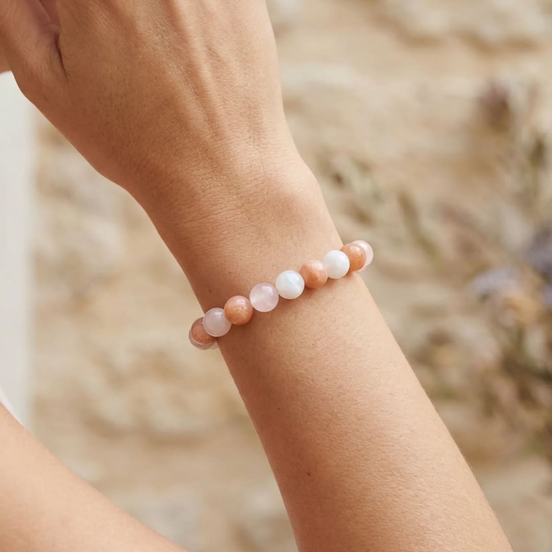 Close-up of the mixed gemstone beads in peach, pink, and white - KARMAKIND