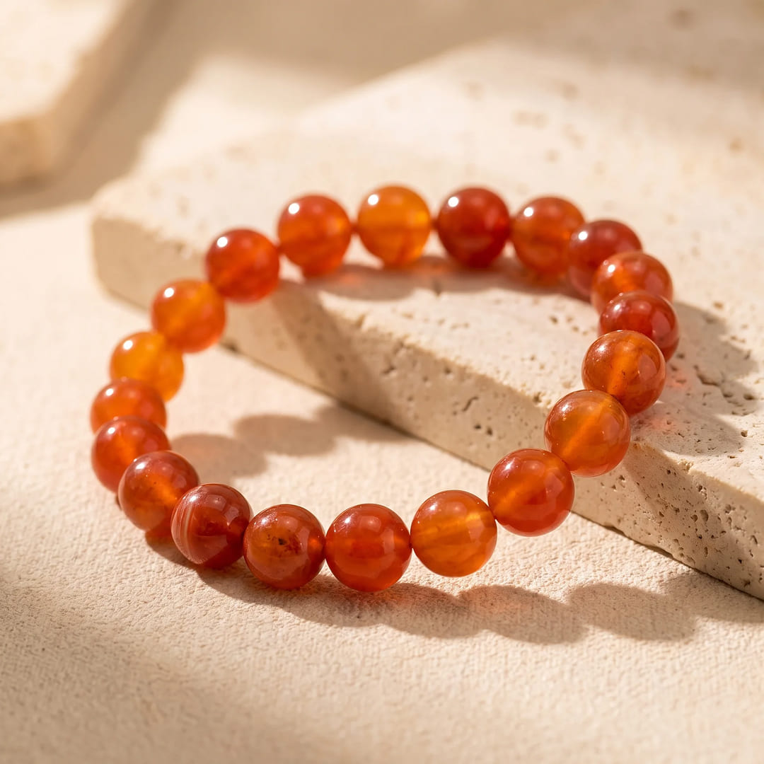 Carnelian bracelet on wrist, warm orange and amber beads - KARMAKIND
