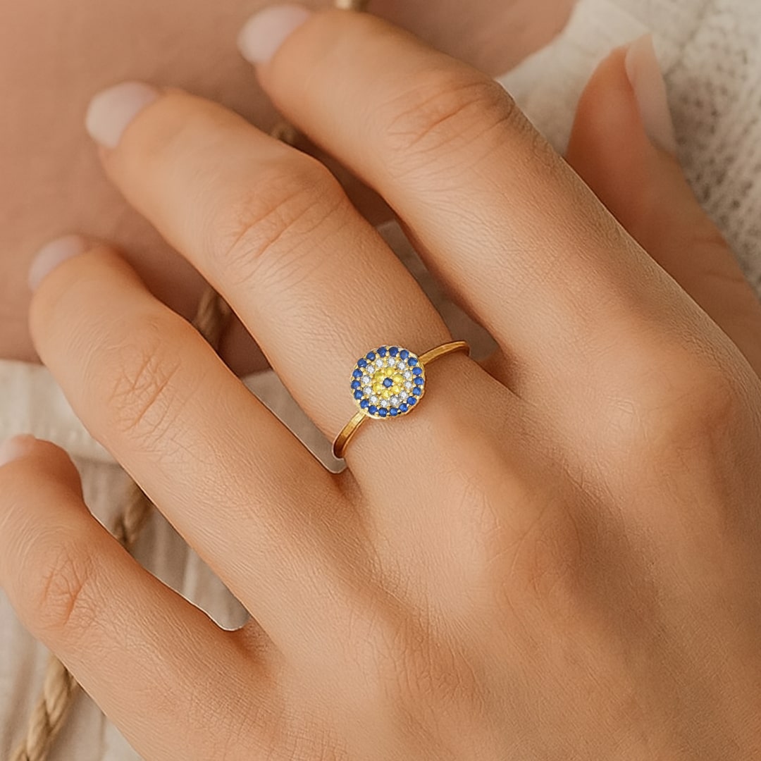 Blue Eye Protection Ring with Mediterranean Radiance - KARMAKIND