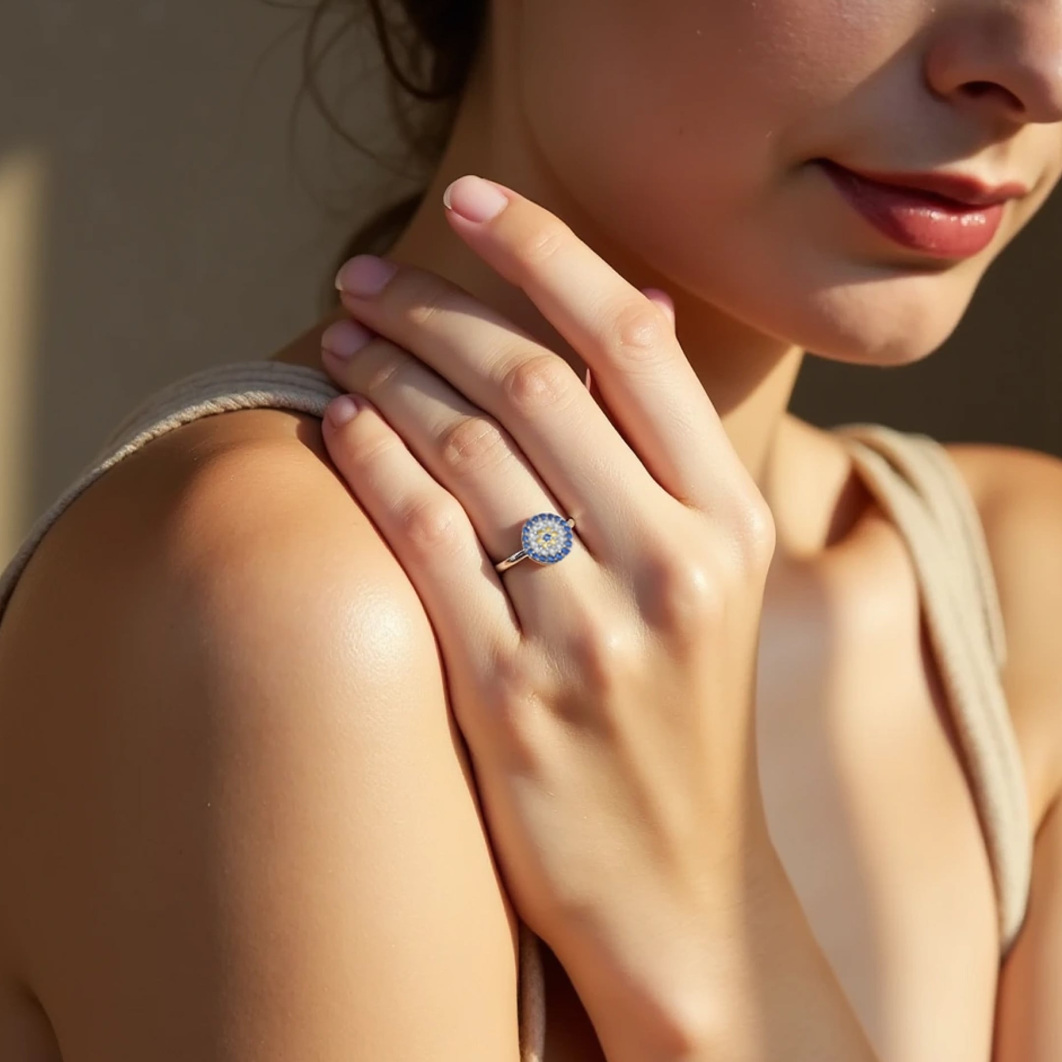 Blue Eye Protection Ring with Mediterranean Radiance - KARMAKIND