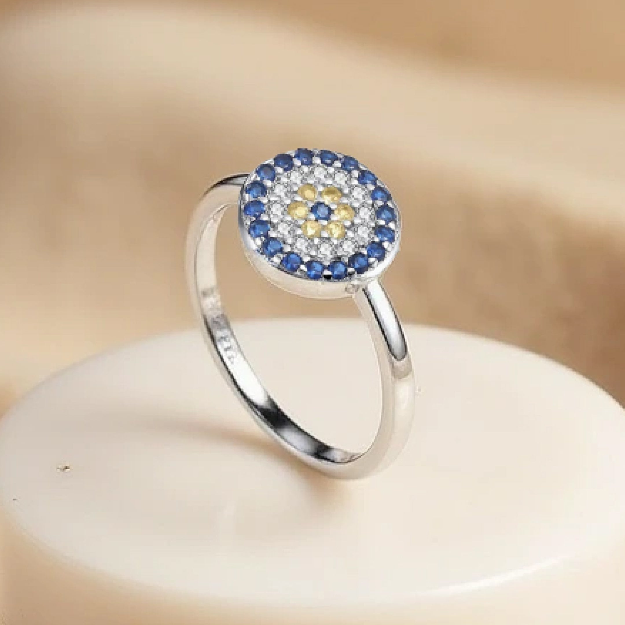 Blue Eye Protection Ring with Mediterranean Radiance - KARMAKIND