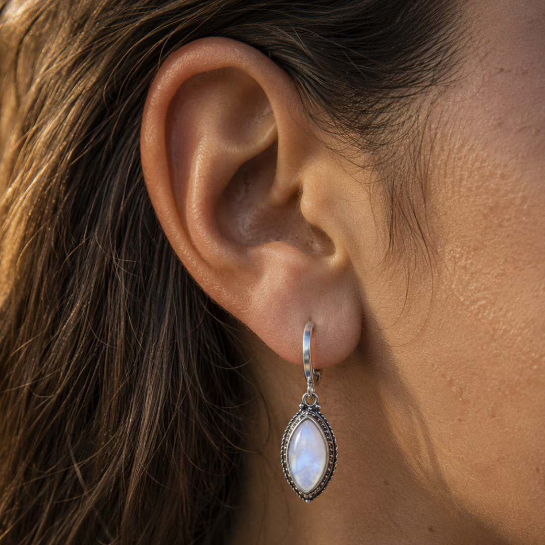 Close-up of Moonlight Earrings in Moonstone showcasing the stone's shimmer - KARMAKIND