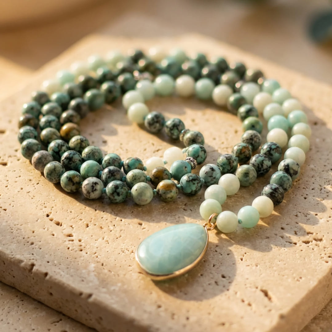 Mala necklace with Amazonite and African Turquoise beads - KARMAKIND