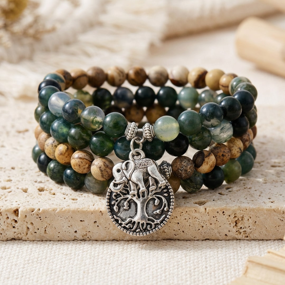 Mala Bracelet Gaia in Moss Agate & Landscape Jasper