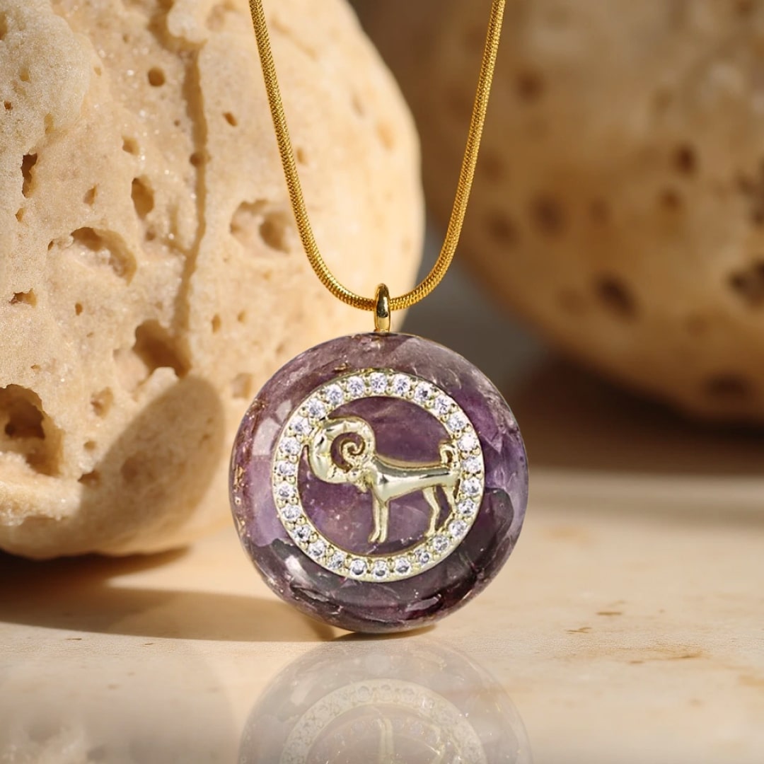 Colorful stone shards visible in the Orgonite pendant