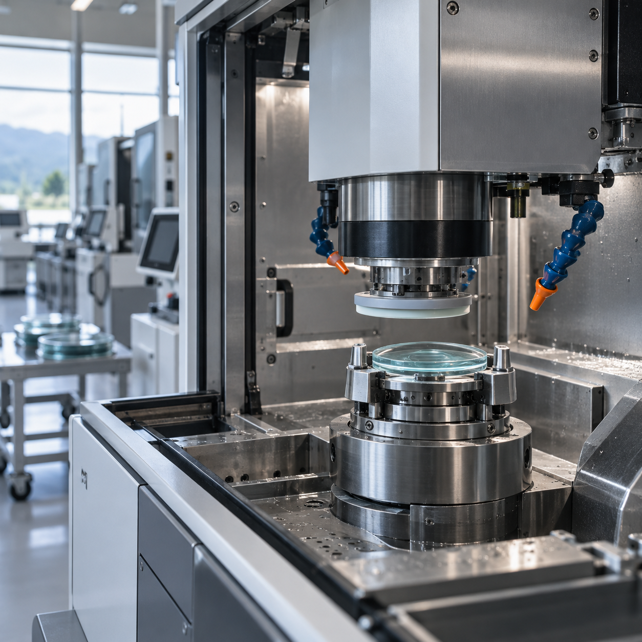AI-generated illustration: Precision lens manufacturing equipment