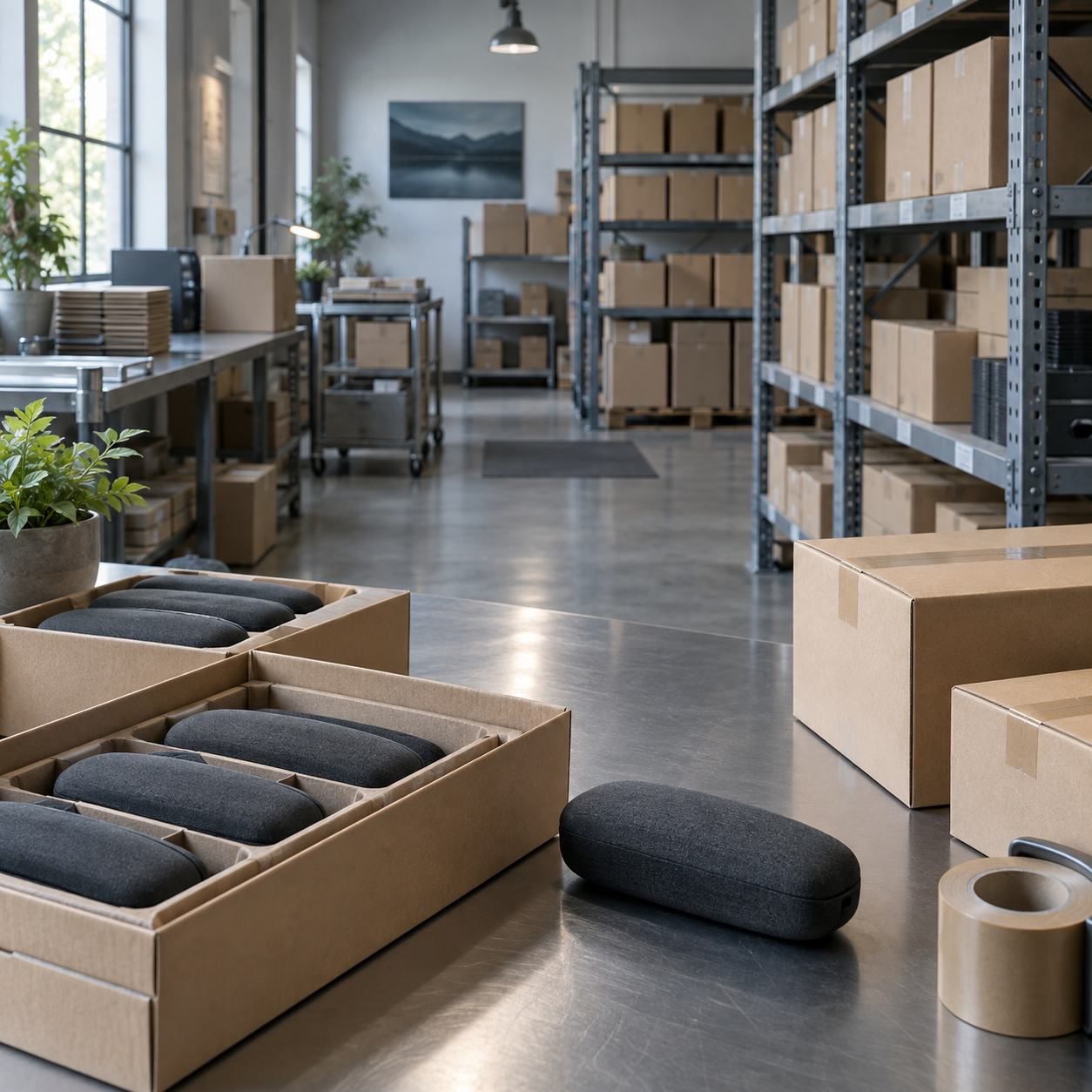 AI-generated illustration: Eyewear packing and supply chain warehouse