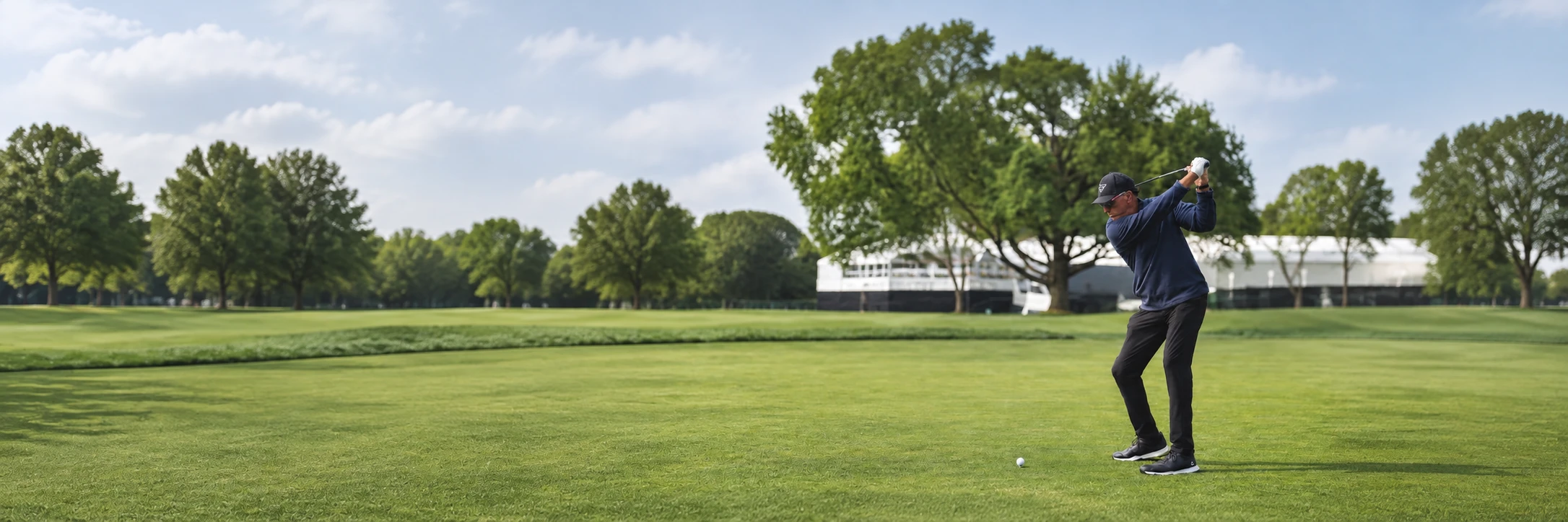 Golfer wearing USWING sunglasses — panoramic Contact Us banner with AI-extended course background