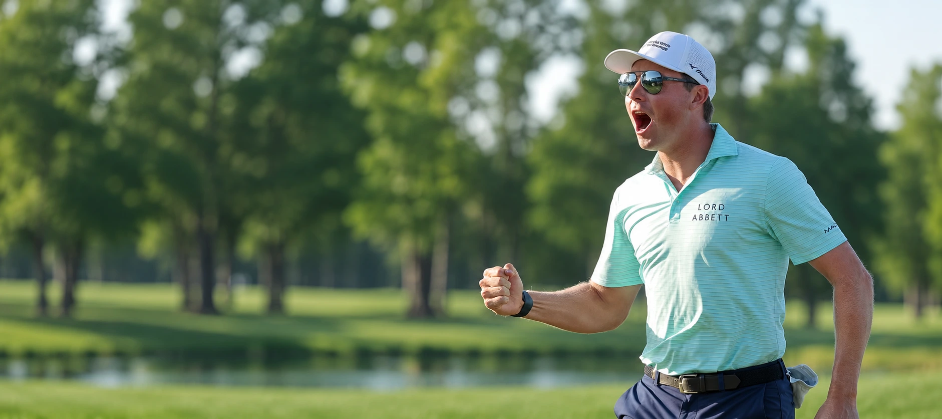 Ben Griffin wearing USWING sunglasses — signature collection banner with AI-extended course background