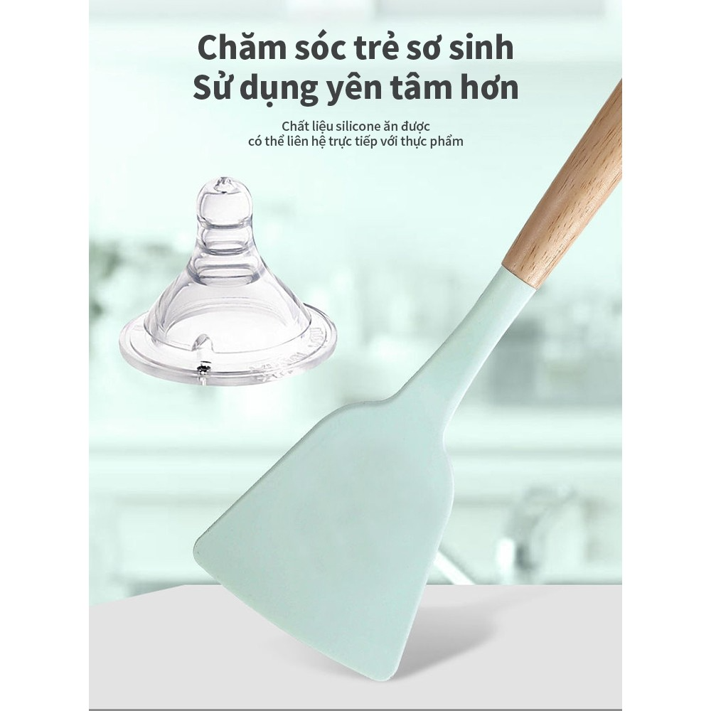 Bộ 12 món đồ dùng nhà bếp bằng silicon MEGAVOZIN, tay cầm bằng gỗ sồi tự nhiên, chịu nhiệt tốt nấu ăn chống dính làm bánh dễ dàng vệ sinh