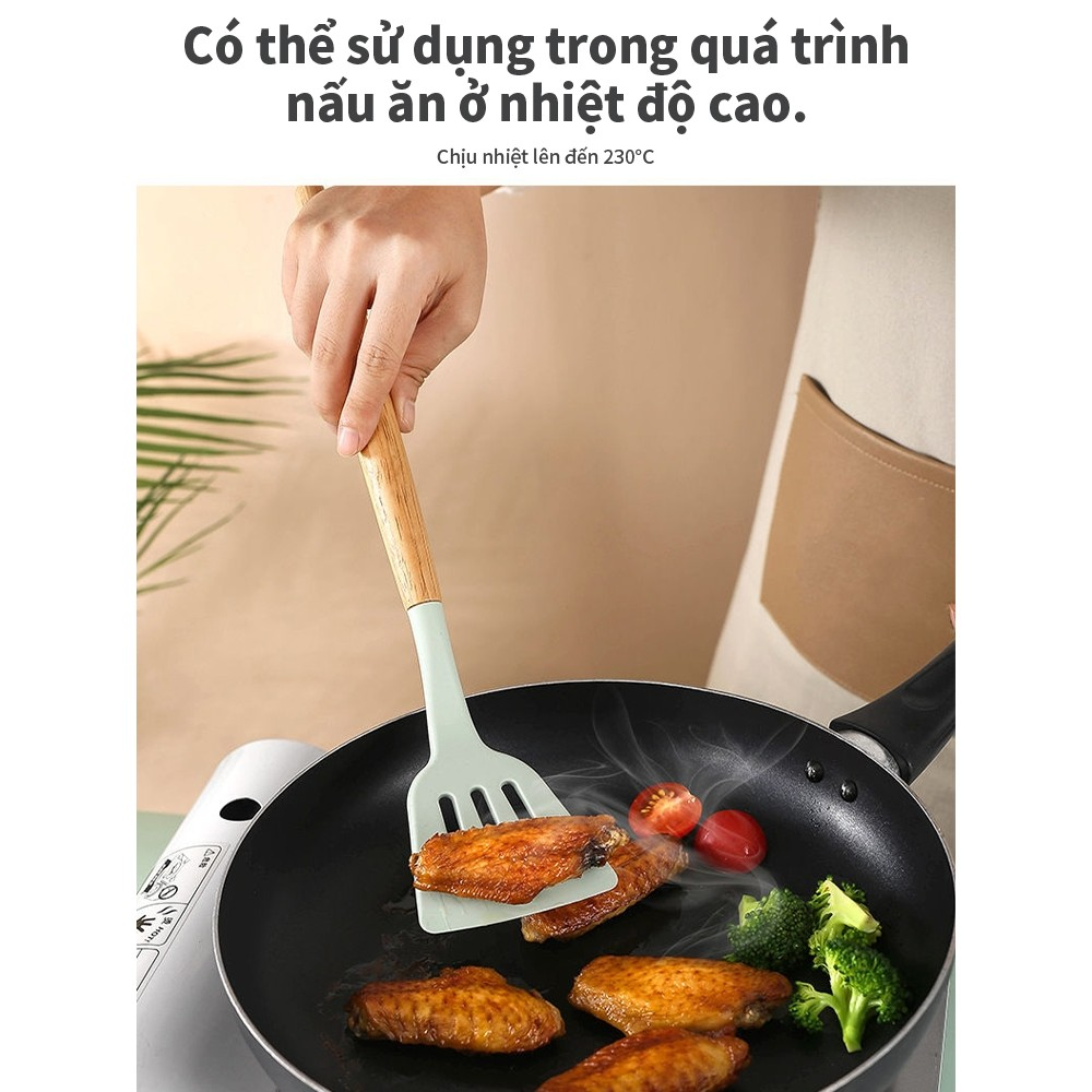 Bộ 12 món đồ dùng nhà bếp bằng silicon MEGAVOZIN, tay cầm bằng gỗ sồi tự nhiên, chịu nhiệt tốt nấu ăn chống dính làm bánh dễ dàng vệ sinh