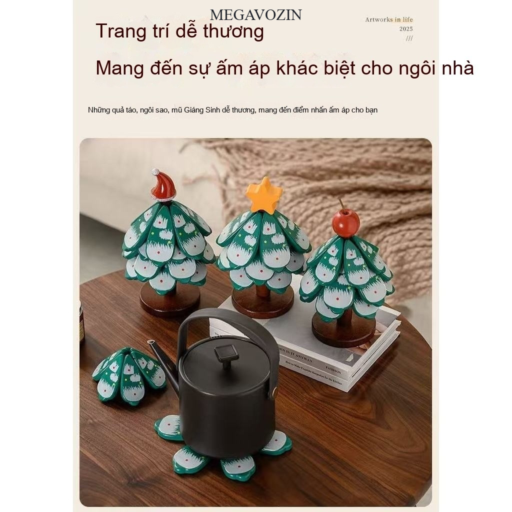 MEGAVOZIN 2026 Thảm cách nhiệt cây thông Noel phong cách Pháp mới Trang trí bàn bếp. Tấm cách nhiệt cho nồi Gỗ đặc tự nhiên