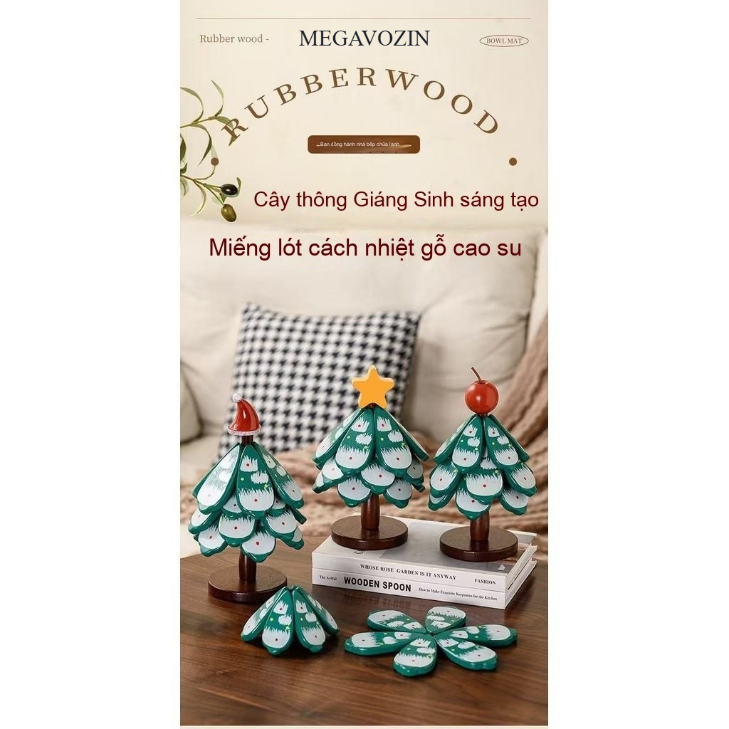 MEGAVOZIN 2026 Thảm cách nhiệt cây thông Noel phong cách Pháp mới Trang trí bàn bếp. Tấm cách nhiệt cho nồi Gỗ đặc tự nhiên