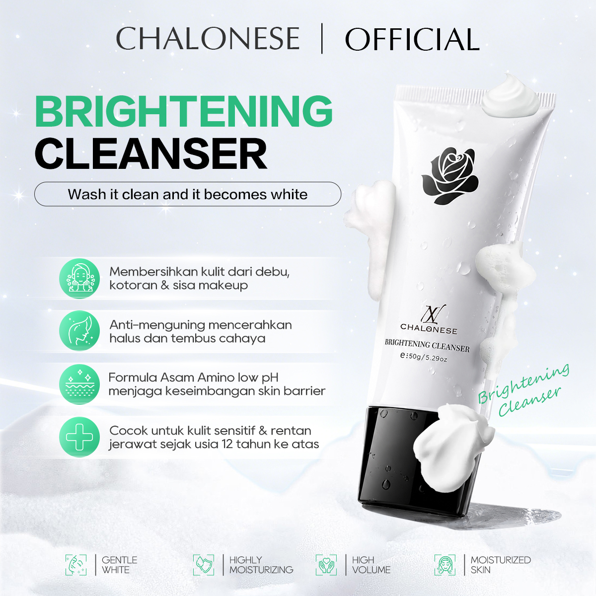 CHALONESE BRIGHTENING FACIALWASH SERIES Membantu Mengangkat Sel Kulit Mati dan Minyak di Wajah serta Membantu Melembabkan Kulit Wajah
