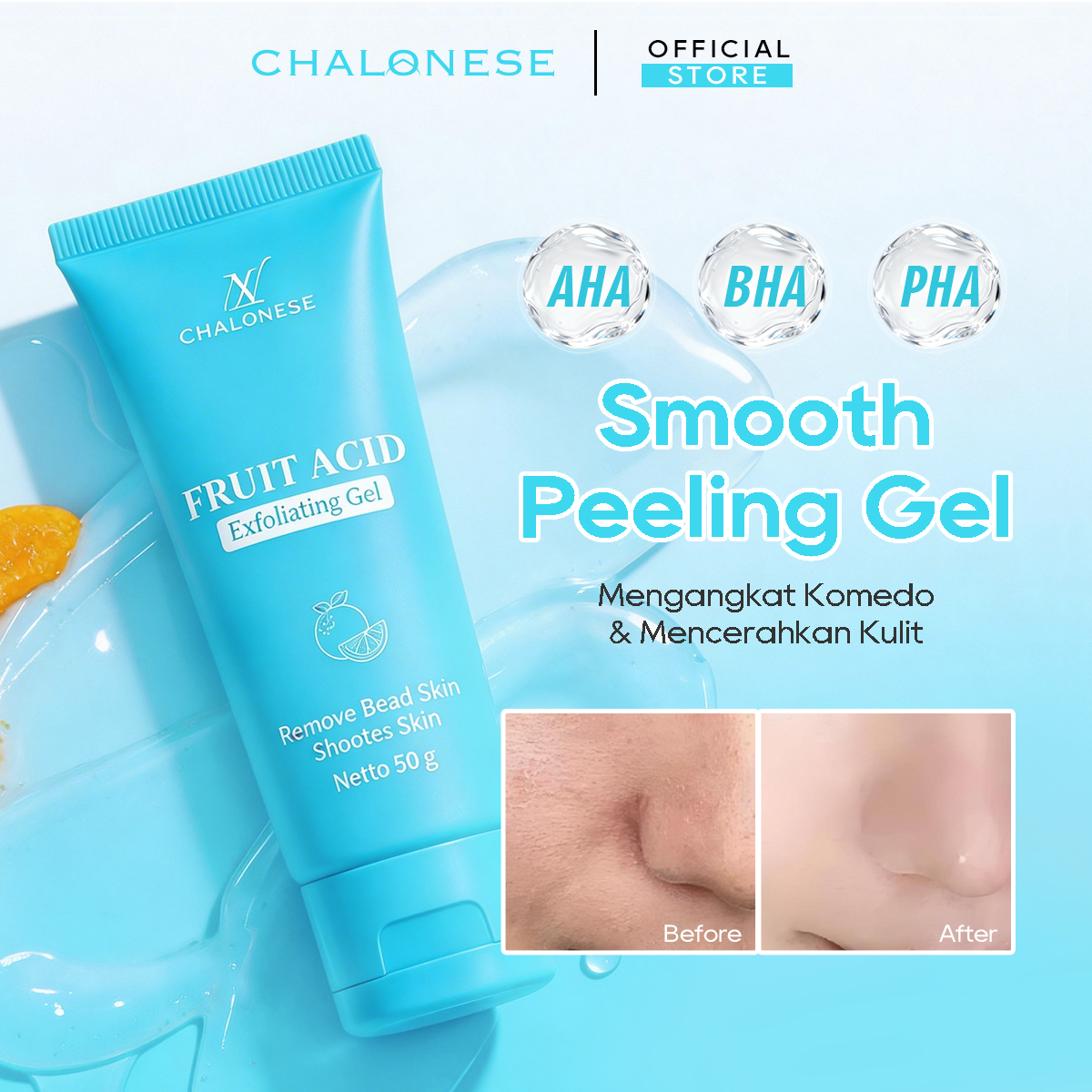 [CHALONESE] Exfoliating Gel Mengangkat Sel Kulit Mati Dan Kotoran Secara Mendalam Dengan Pijatan Lembut Ke Seluruh Area Wajah Sehingga Kulit Tampak Lebih Halus Dan Cerah