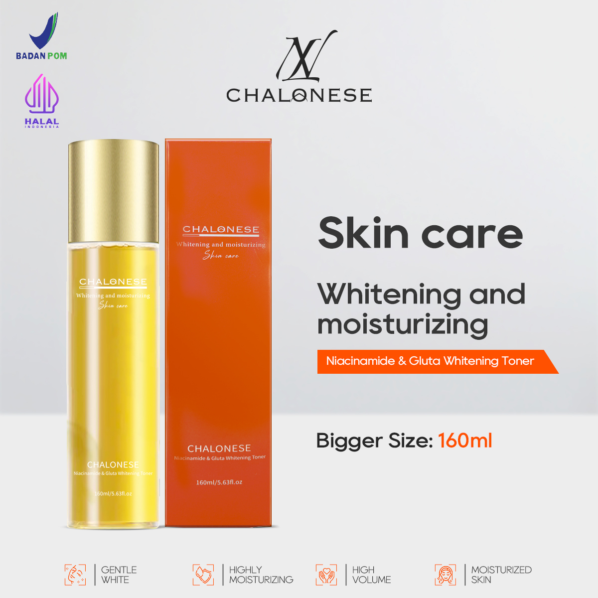 [Big Size 160ML] CHALONESE WHITENING MOISTURIZING TONER  Membantu Mengangkat Sisa Kotoran di Wajah dan Sel Kulit Mati BPOM
