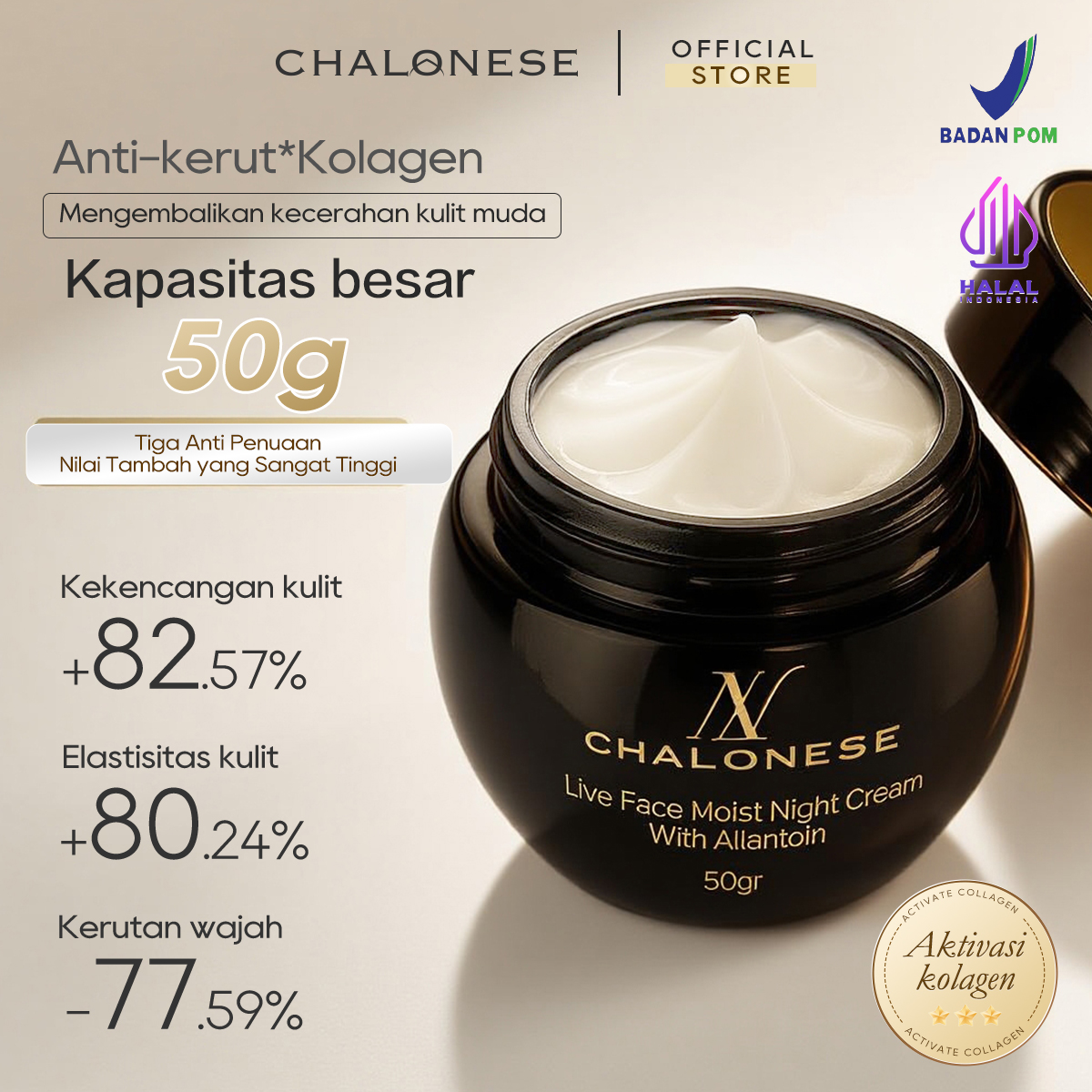 [CHALONESE] MOISTURIZING NIGHT CREAM 50gr Dapat Membantu Kult Lebih Sehat dan Cerah dengan Perawatan di Malam Hari BPOM